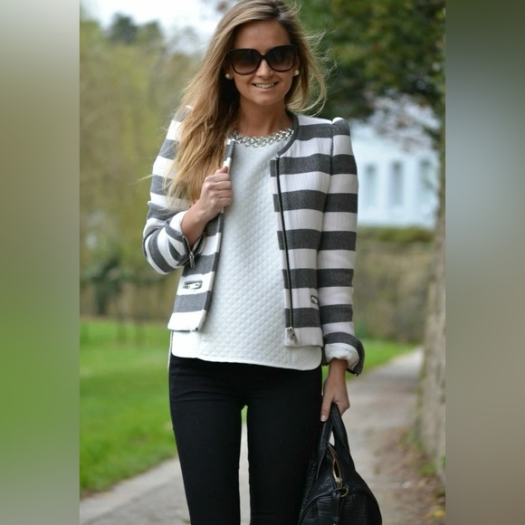 Zara Gray and White Striped Blazer - Picture 1 of 10